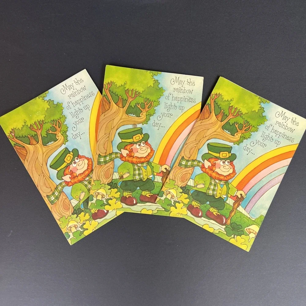 VTG St Patrick's Day Greeting Cards Set 3 Unused Rainbow Leprechaun Mary Grace